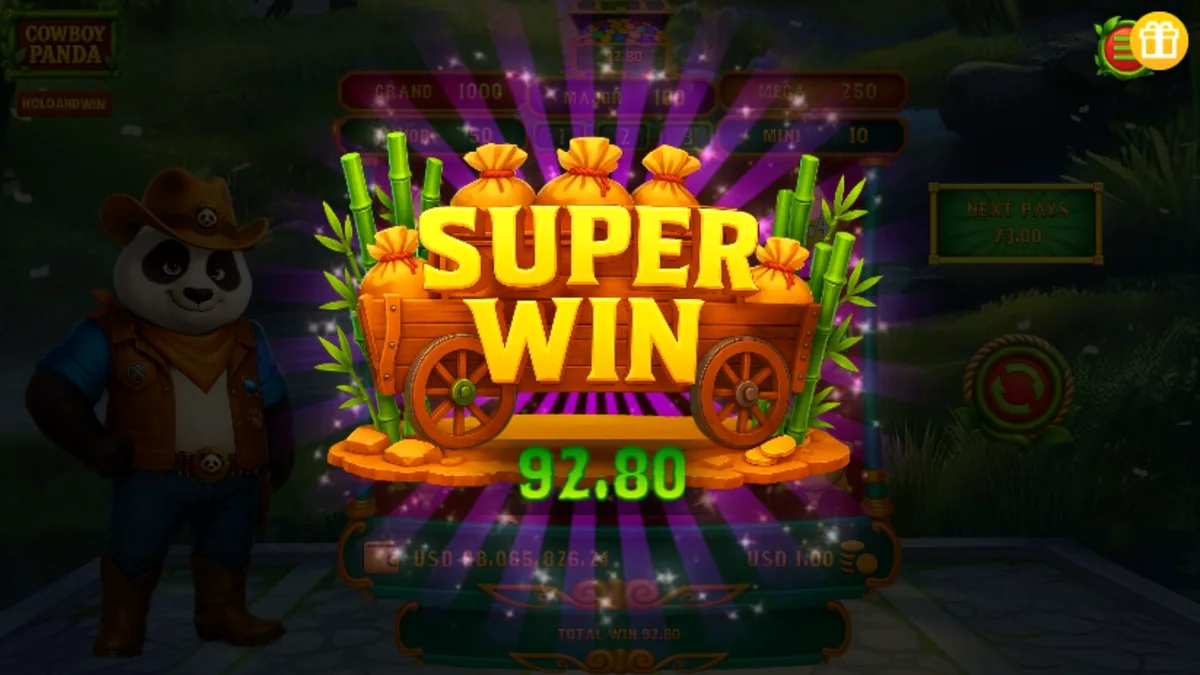 Panda koboi yang berdiri di depan kuil hutan dalam slot Cowboy Panda Hold & Spin