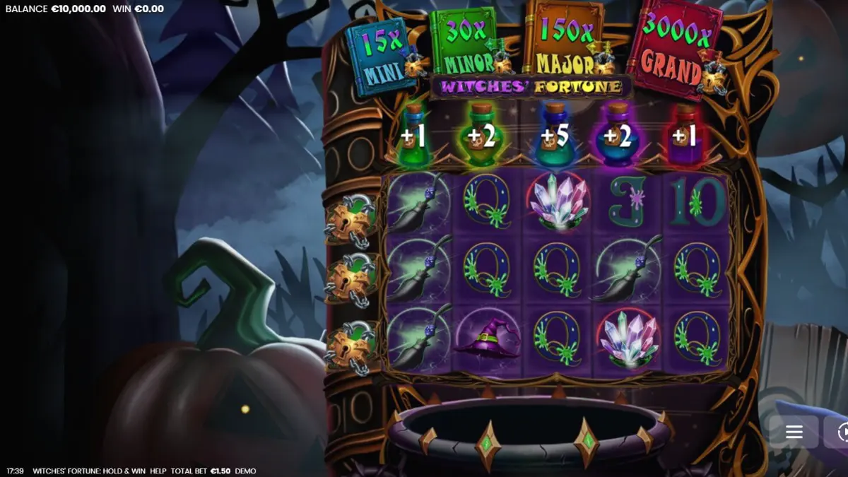 Tampilan visual slot Witches’ Fortune: Hold & Win dengan tema penyihir dan kuali ajaib.